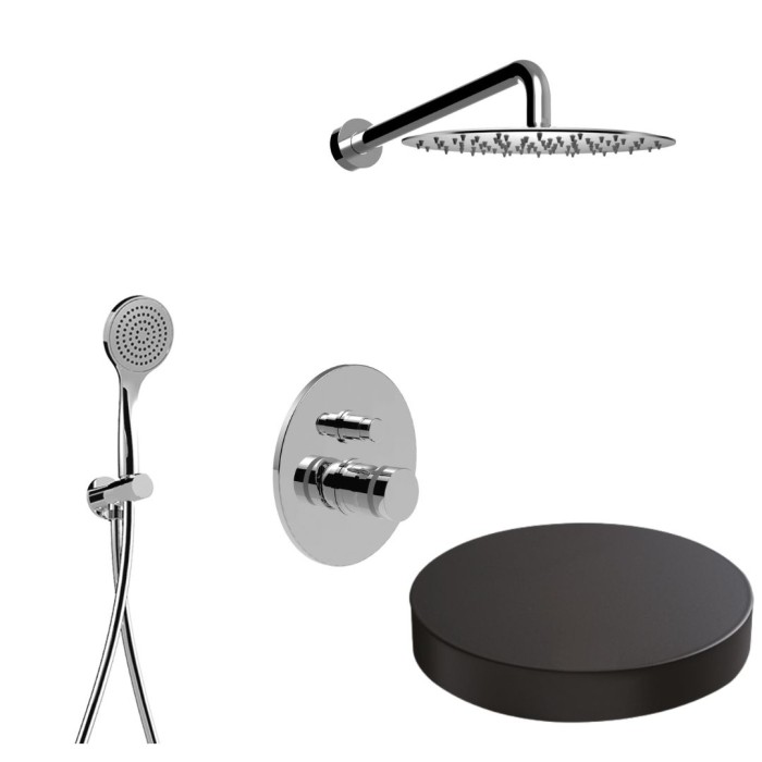 Встраиваемый комплект для душа со смесителем на 2 режима, дивертер-кнопка, ручной душ, кронтштейн, верхний душ d25, Giulini My ring, черный матовый арт. MR0079NO