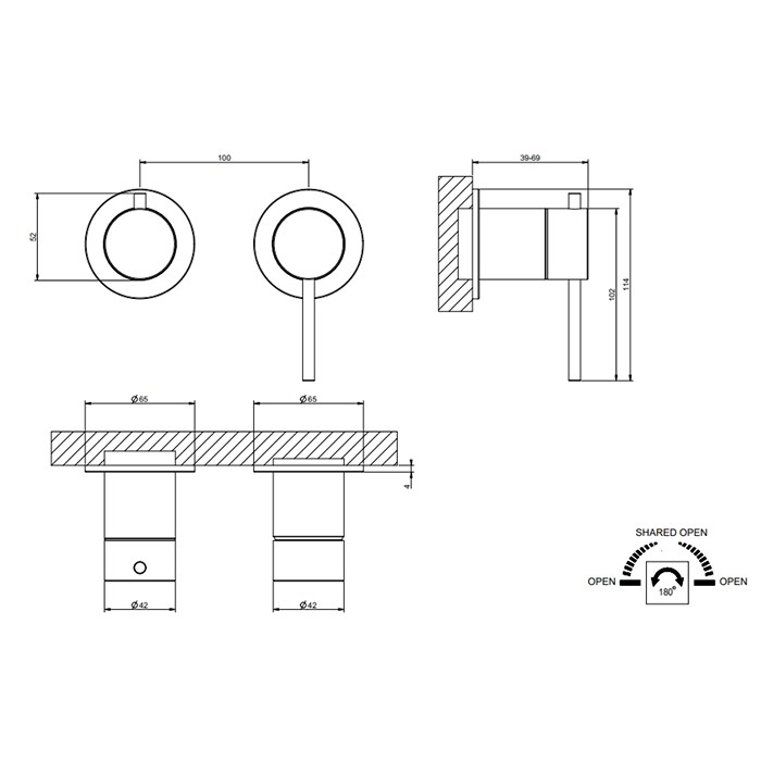 Смеситель для душа, встраиваемый, на 2 источника (внешняя часть), Gessi 316, black metal brushed pvd арт. 54077#707
