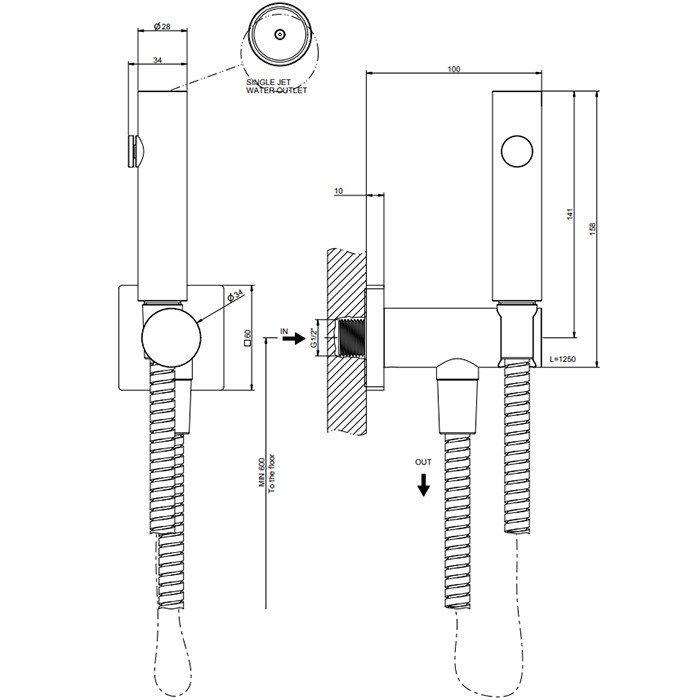 Гигиенический душ настенный на 1/2", Gessi Rilievo, nero xl арт. 59151#299