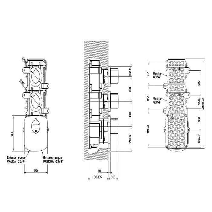 Встраиваемый термостат для душа, с 2мя независимыми выходами, верт/гориз установка, Gessi Tondo, хром арт. 43234#031