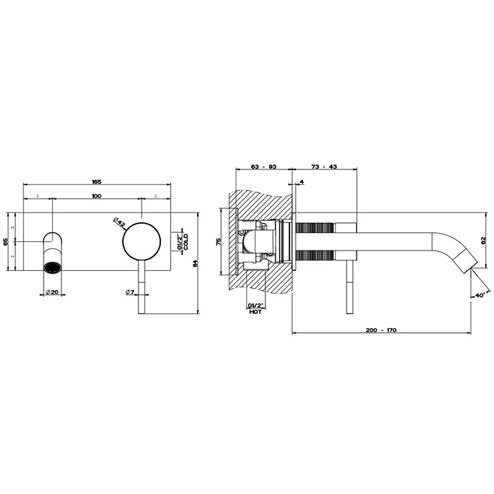 Встраиваемый смеситель для раковины с изливом 200-170мм, Gessi 316, brushed black metal pvd арт. 54390#707