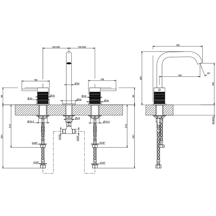 Смеситель для раковины на 3 отверстия, без донного клапана, излив 156мм, h=201мм, Gessi 316, brushed black metal pvd арт. 54312#707