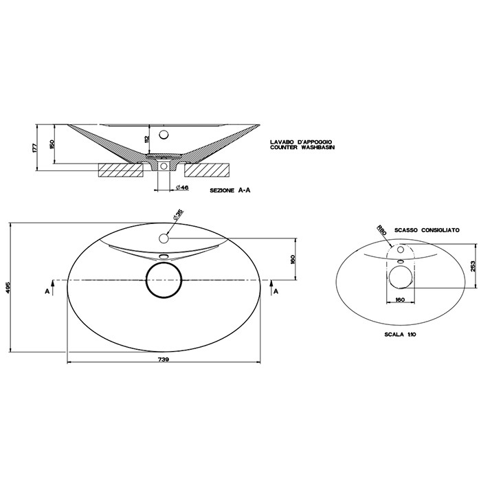Раковина 73.9x49.5xh15 см, 1 отв., Cristalplant, с переливом, Gessi Cono, матовый белый арт. 45905#521