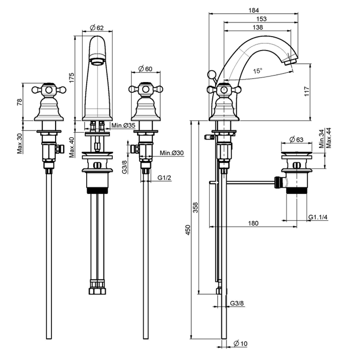 Fima Carlo Frattini Смеситель на раковину на 3 отверстия, Elizabeth, F5101BR цвет: бронза