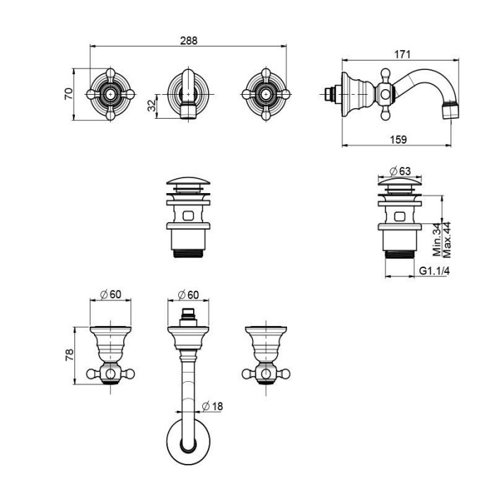 Fima Carlo Frattini Смеситель настенный на 3 отверстия, Elizabeth, F5081/5CR цвет: хром