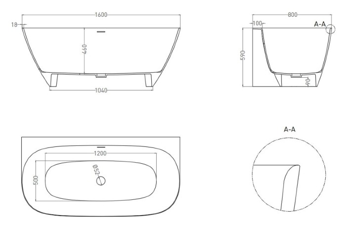 Ванна пристенная 160x80, глянцевая, Salini SOFIA WALL арт. 102517GRH