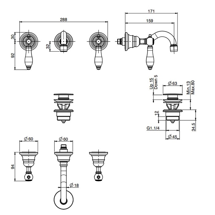 Fima Carlo Frattini Смеситель для раковины, встраиваемый, излив: 15.9см., черные ручки, Herend, F5401/5CNOR цвет: золото