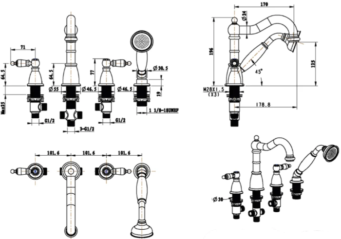 Смеситель на борт ванны, золото, Tradizionale Oro Boheme 395