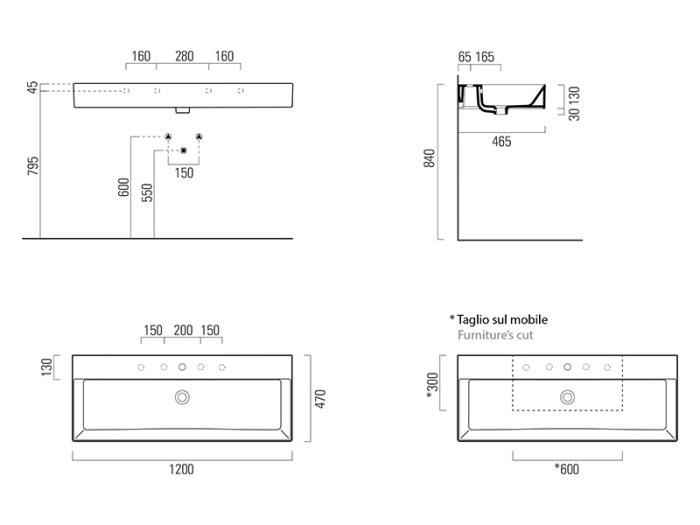 Подвесная раковина 120х47х16 см, санфаянс, с отв. под смеситель, Nubes GSI арт. 9624111