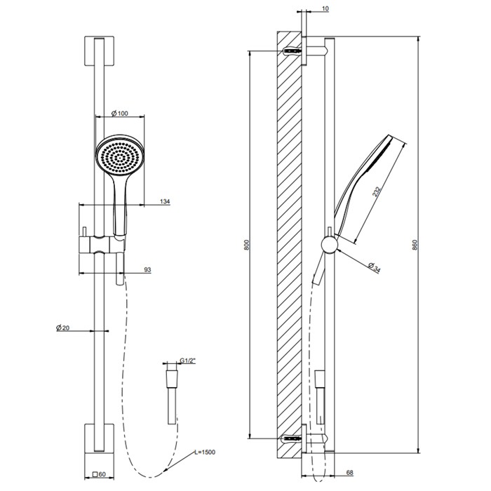 Штанга в комплекте с душевой лейкой, шланг 1,50 м., Gessi Rilievo, хром арт. 59245#031