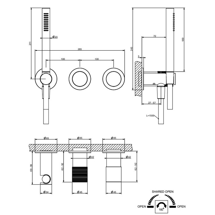 Смеситель для душа, настенный, с переключателем на 2 положения, с ручным душем, Gessi Habito Trame, хром арт. 70338#031