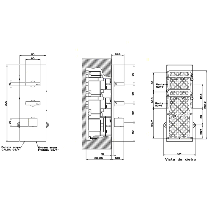 Встраиваемый термостатический смеситель, подключение на 3/4”, с 2мя независимыми выходами, Gessi Rettangolo, хром арт. 43024#031