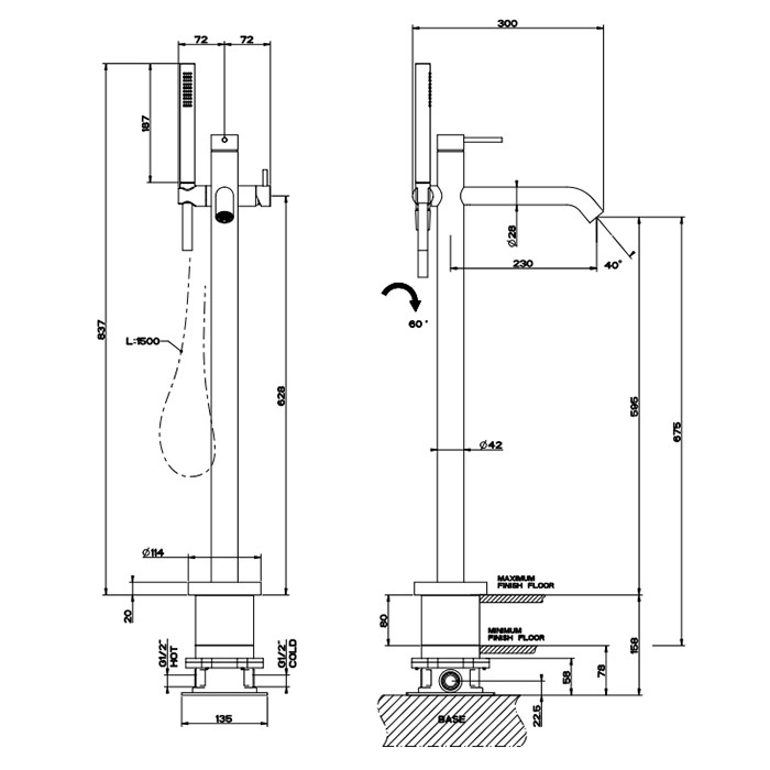 Напольный смеситель для ванны с душевой лейкой, Gessi 316, brushed black metal pvd арт. 54028#707