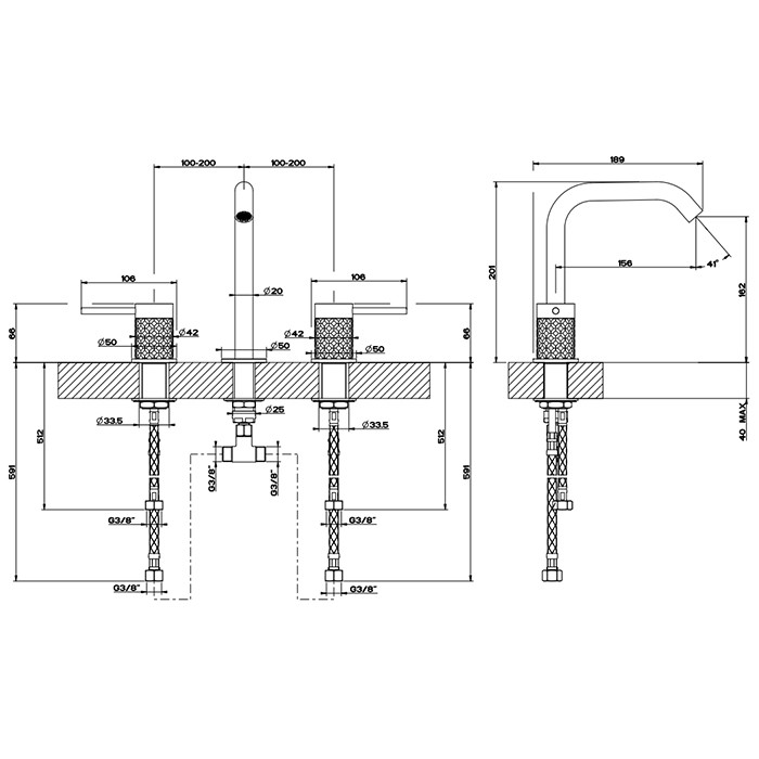 Смеситель для раковины на 3 отверстия, без донного клапана, излив 156мм h=201мм, Gessi 316, brushed black metal pvd арт. 54112#707