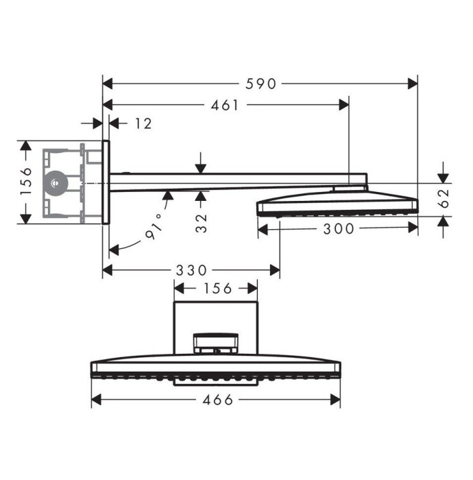 Верхний душ с настенным кронштейном скрытого монтажа Rainmaker Select Hansgrohe, черный, хром арт. 24005600
