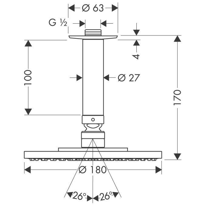 Верхний душ с потолочным кронштейном EcoSmart Hansgrohe, хром арт. 27464000