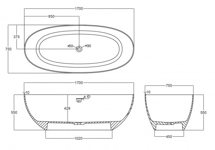 Ванна из полиэфирной смолы ABBER Kristall 170х75см оливковая арт. AT9703Vesuvian