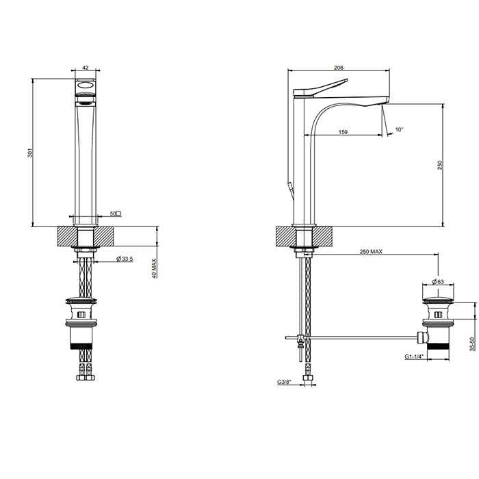 Смеситель для раковины на 1 отв. с донным клапаном h=301мм, излив 159мм, Gessi Rilievo, nero xl арт. 59009#299