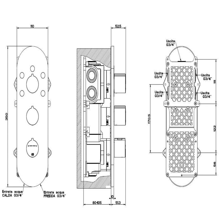 Встраиваемый термостат для душа, с 5ю выходами и селектором, верт/гориз установка, Gessi Tondo, хром арт. 43072#031