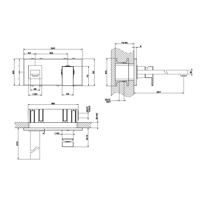 Смеситель для раковины, встраиваемый, однорычажный, излив 256мм, Gessi Rettangolo, black xl арт. 44838#299