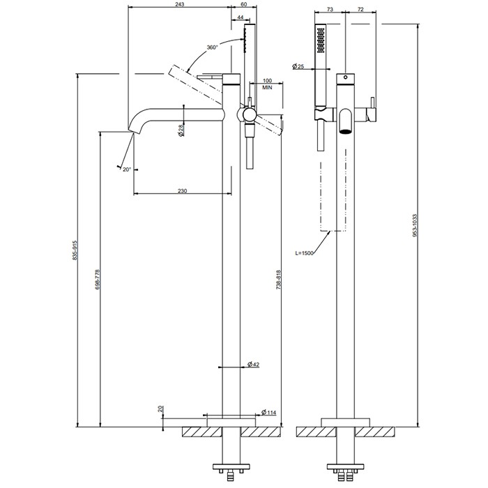 Смеситель для ванны, напольный, с душевой лейкой (внешние части), Gessi 316, brushed copper pvd арт. 54028#708