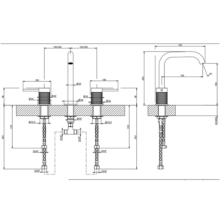Смеситель для раковины на 3 отверстия, без донного клапана, излив 156мм, h=201мм, Gessi 316, brushed black metal pvd арт. 54412#707