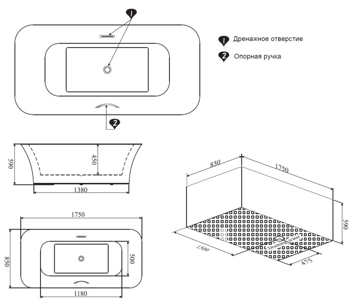Акриловая ванна 1750х850х590 отдельностоящая, Azario Stresa арт. AZ-М706