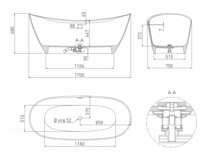 Ванна отдельностоящая 170x75, глянцевая, Salini NOEMI арт. 101712G