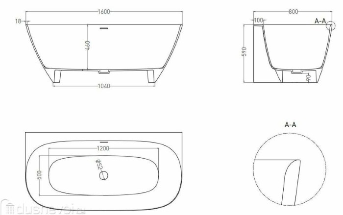 Ванна пристенная 160x80, глянцевая, Salini SOFIA WALL арт. 102517GRF