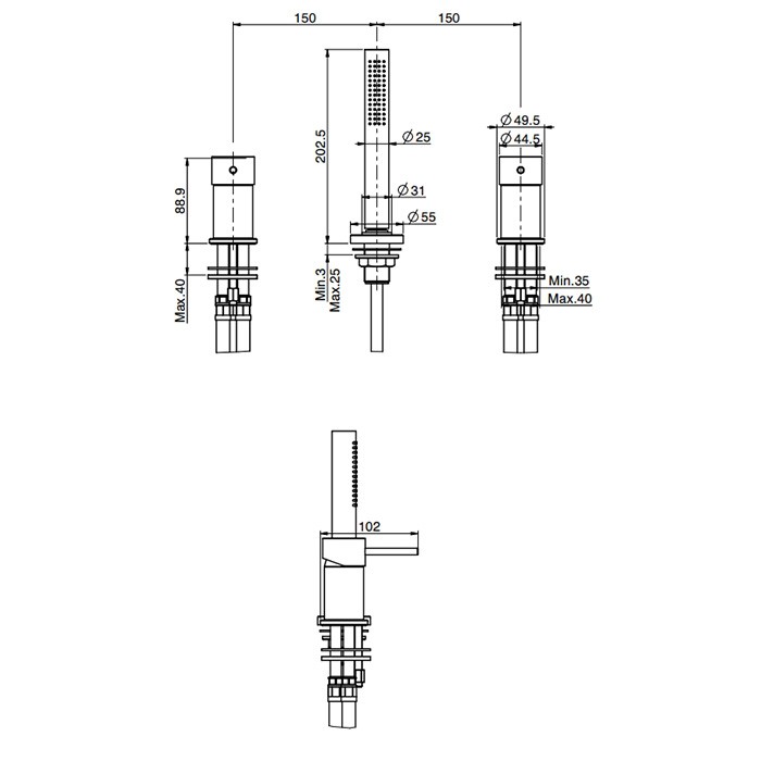 Fima Carlo Frattini Смеситель на борт ванны, на 3 отв., с ручным душем, Spillo Up, F3044/1NOR цвет: золото
