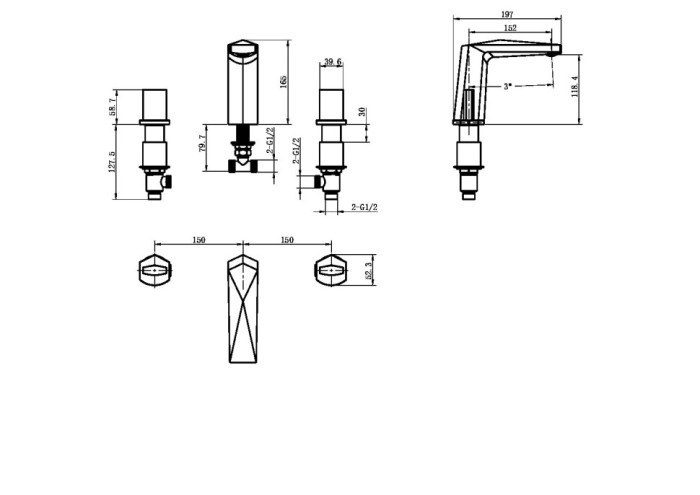 Смеситель врезной на 3отв. Shine gun metall, ручка ice, Boheme Venturo - 150-SGM-ICE