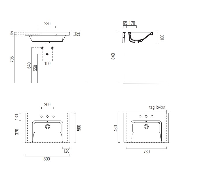 Подвесная раковина 80х50х18 см, с переливом, санфаянс, с отв. под смеситель, Norm GSI арт. 8634111