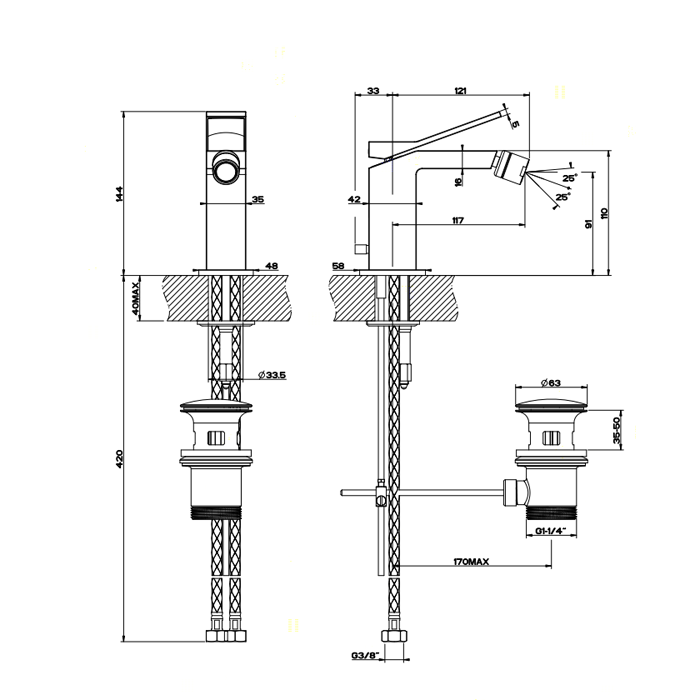 Смеситель для биде на 1 отверстие, с донным клапаном, Gessi Rettangolo, хром арт. 53007#031