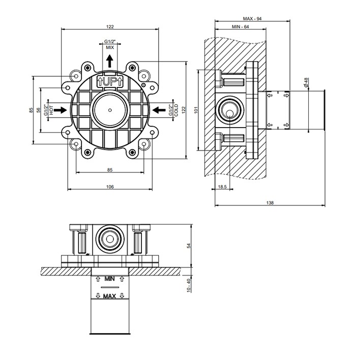 Встраиваемая часть настенного однорычажного смесителя, брашированная сталь, Gessi, арт. 63412#239