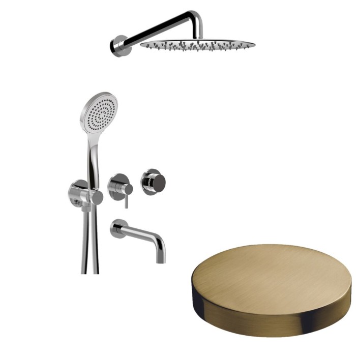 Bстраиваемый душевой комплект на 3 режима, однорычажный, с поворотным переключателем, ручной душ, излив, кронштейн, верхний душ d25 см, Giulini My ring deluxe, золото брашированное арт. MR0093DLOSP