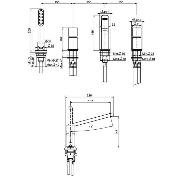 Fima Carlo Frattini Смеситель на борт ванны, на 4 отв., с ручным душем, Nomos Go, F4174NCR цвет: хром