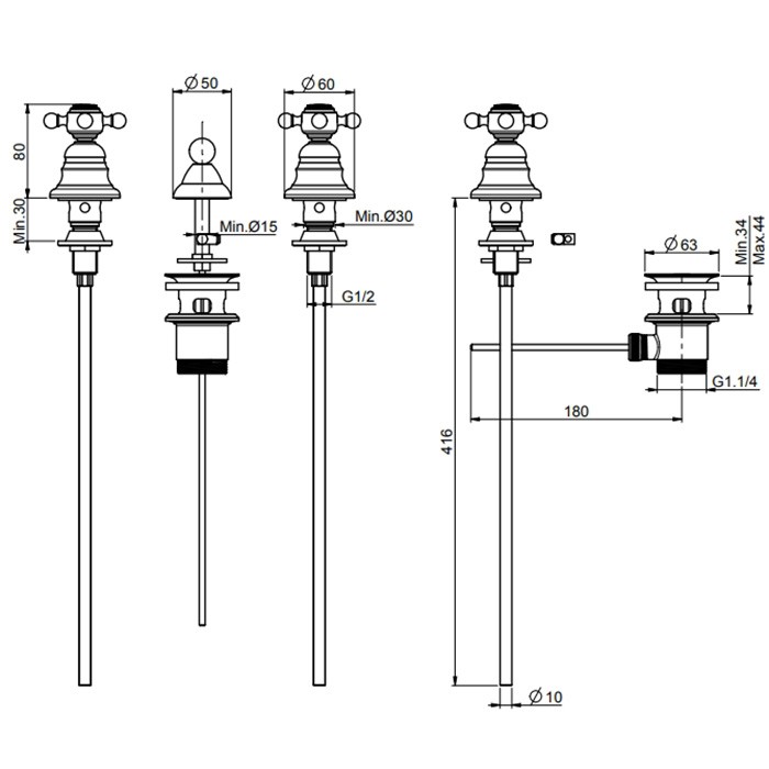 Fima Carlo Frattini Cмеситель для биде, на 3 отв., Elizabeth, F5102OR цвет: золото