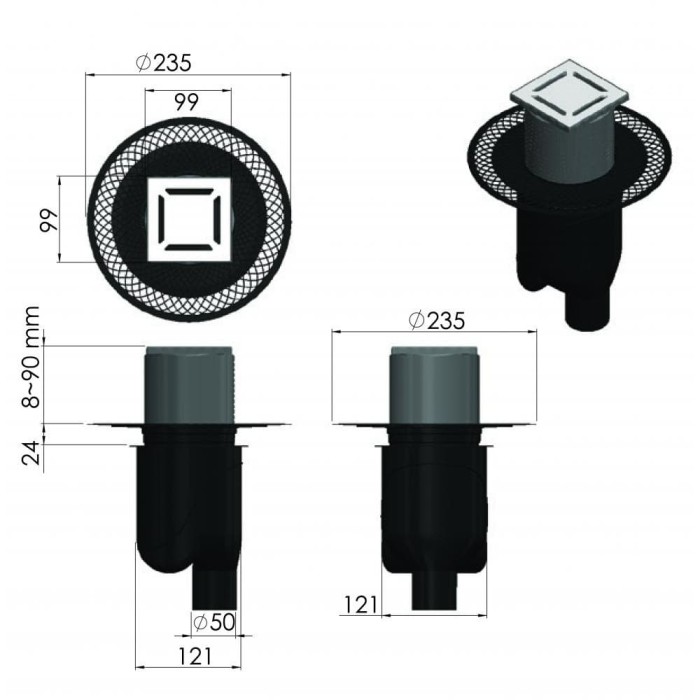 Душевой трап BERGES PLATZ Norma 100х100, золото глянец, S-сифон D50/105 H50, арт.092058