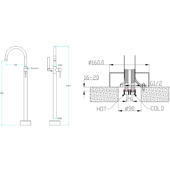 Смеситель напольный Chrome BRILLANTE Boheme 229