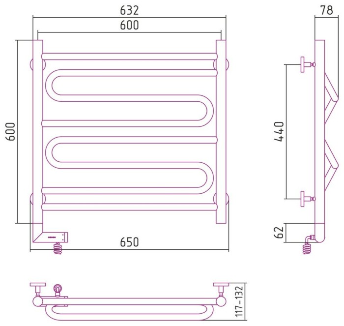 Сунержа Электрический полотенцесушитель 1000x300, Элегия 2.0, 00-5218-6060 цвет: без покрытия