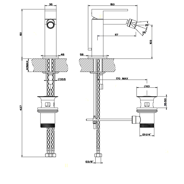 Смеситель для биде на 1 отверстие, с донным клапаном, Gessi Rettangolo, хром арт. 20007#031