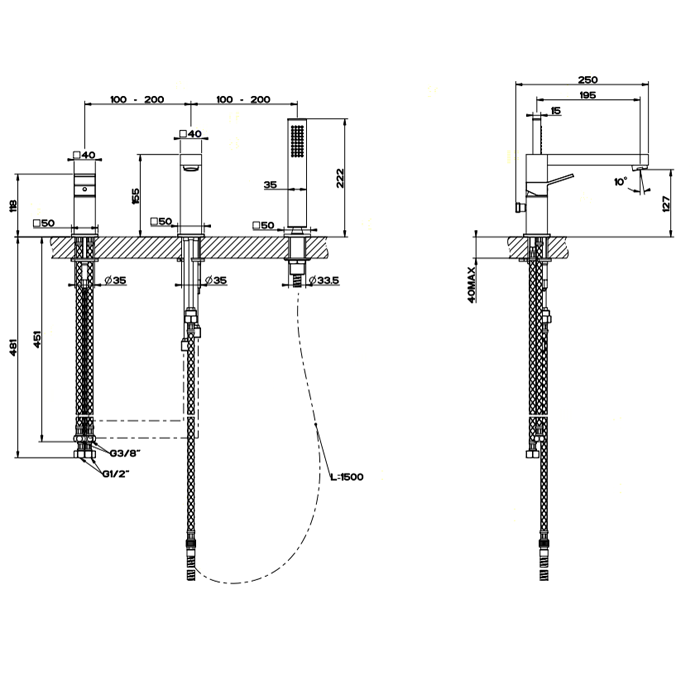 Смеситель для ванны на 3 отверстия, с встроенным в излив переключателем и ручным душем, Gessi Rettangolo, хром арт. 53037#031