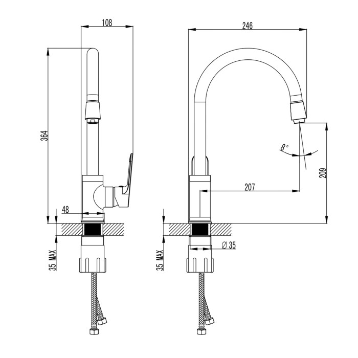 Смеситель для кухонной мойки, поворотный излив, керамический картридж, черный, Azario Elvis арт. AZ-WWK568155PA