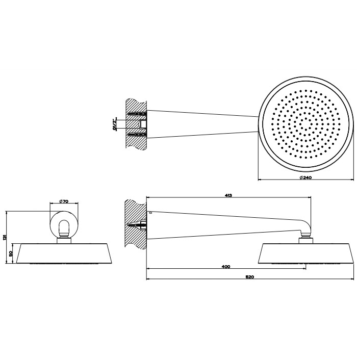 Верхний душ d24см., настенный, Gessi Cono, black metal brushed pvd арт. 45151#707