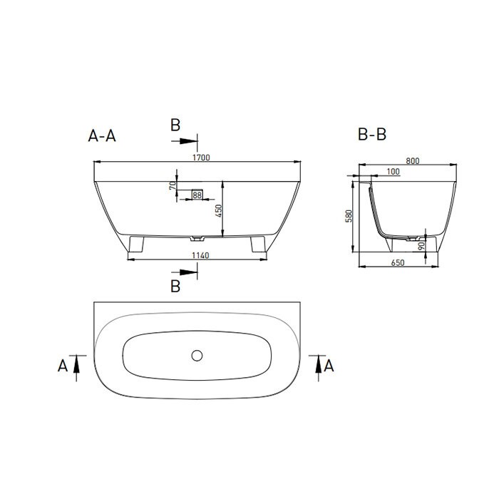 Ванна пристенная 170x80, глянцевая, Salini SOFIA WALL арт. 102512G