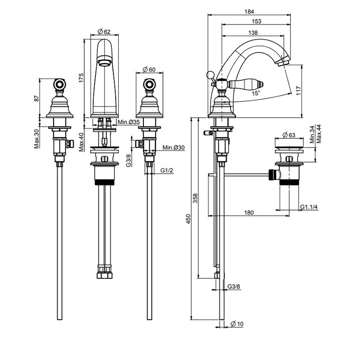 Fima Carlo Frattini Смеситель для раковины, на 3 отв., с донным клапаном, черные ручки, Herend, F5421CNCR цвет: хром