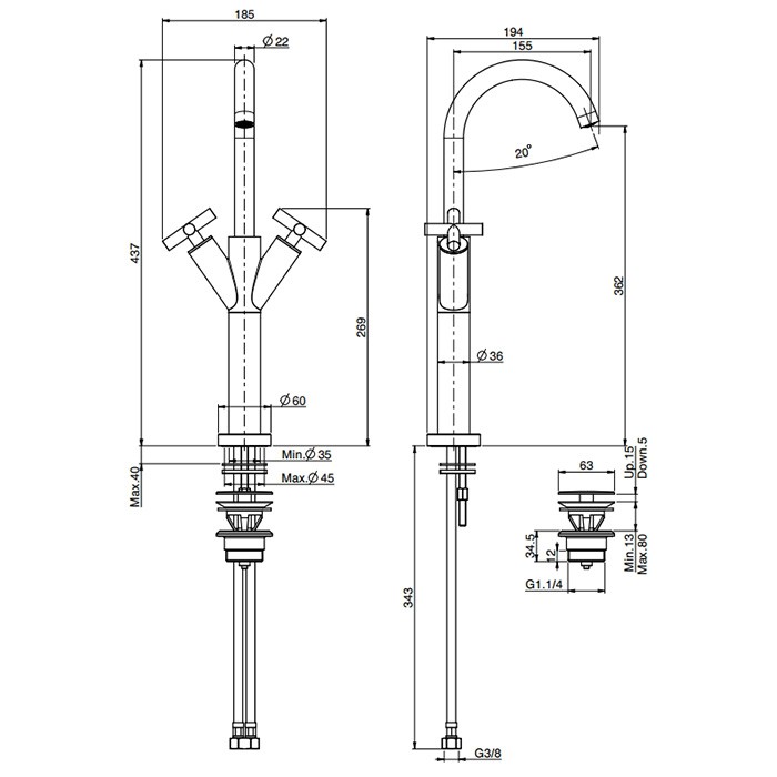 Fima Carlo Frattini Смеситель для раковины, на 1 отв., высокий, H43.7см., Maxima, F5331WNS цвет: черный