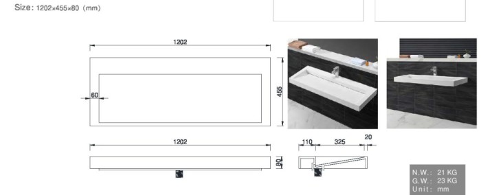 Столешница моноблок 120см под один сифон, Boheme Flat - 859-120-1