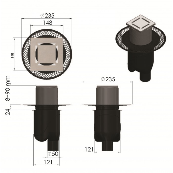 Душевой трап BERGES PLATZ Norma 150х150, золото глянец, S-сифон D50/105 H50, арт.092059