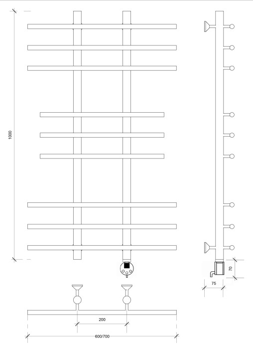 Полотенцесушитель электрический 100x20x70 Турин 2 (черный матовый) Secado арт. 4673739244562